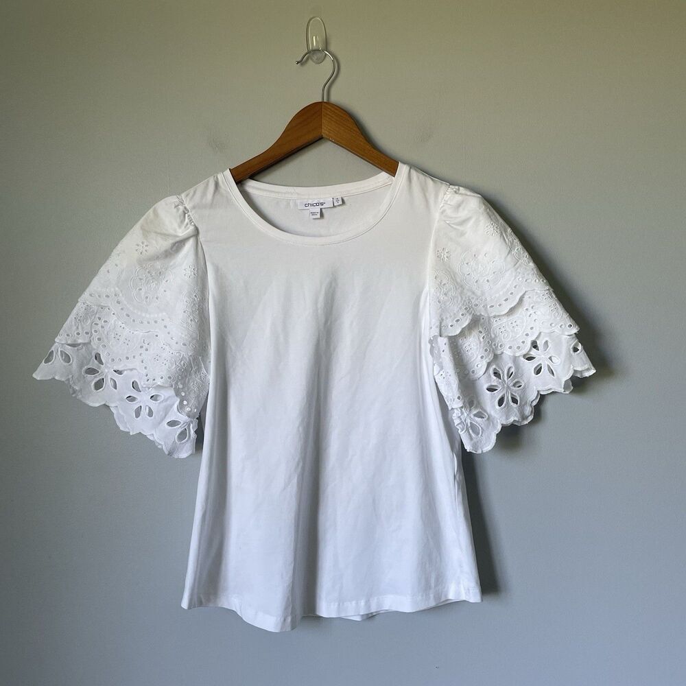 Chico's Embroidered Peplum Sleeve Blouse Top Classic White Women's Size 0 Small